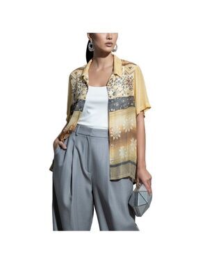 Schmeinck Germany grey yellow short sleeve print chiffon boxy tunic blouse UK 22